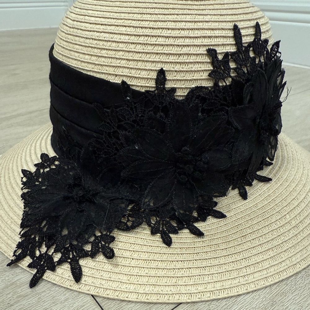 Toucan Collection Straw Hat with Black Floral Appliqué